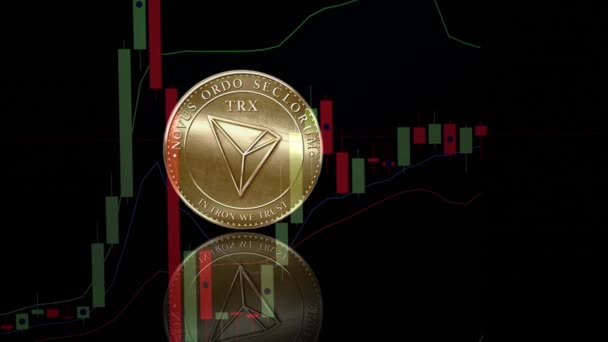 Tron trx Gold Crypto Coin Token Symbol auf dem Hintergrund eines Trading Chart — Stockvideo