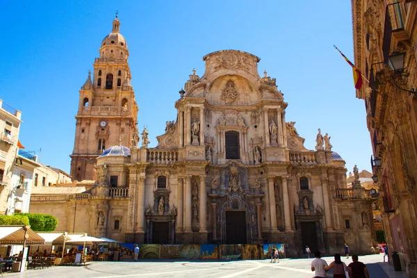 Crowded Spring Morning Plaza Del Cardenal Belluga Murcia — 스톡 사진