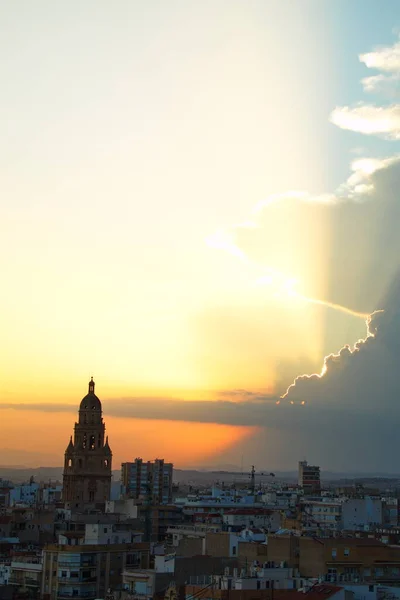 Espectacular Puesta Sol Sobre Ciudad Murcia Con Torre Catedral Primer —  Fotos de Stock