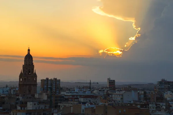 Espectacular Puesta Sol Sobre Ciudad Murcia Con Torre Catedral Primer —  Fotos de Stock