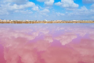 San Pedro del Pinatar, Murcia 'da tuz üretimi için durgun bir göl manzarası.