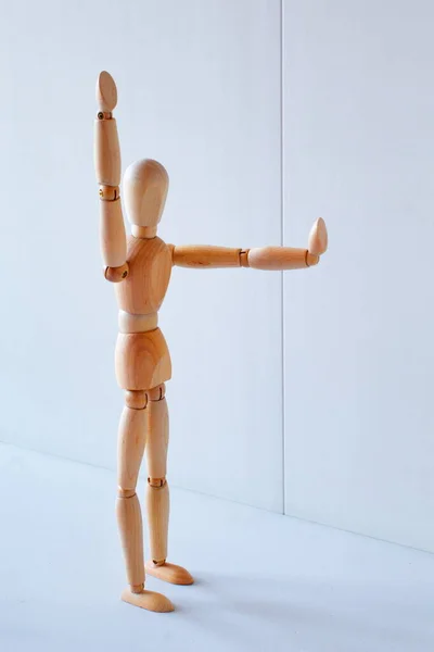 Concept Making Stop Signal Figure Wooden Boy — Fotografia de Stock