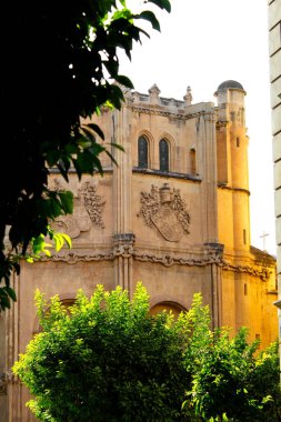 Güneşli bir günde Murcia Katedrali 'nin Vlez Şapeli' nin Gotik tarzı dış cephesi