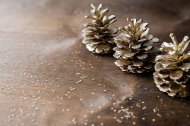 Tahta bir masanın üzerinde, yıldızlara benzeyen altın işlemeli doğal altın koniler, köknar dalları arasında. 