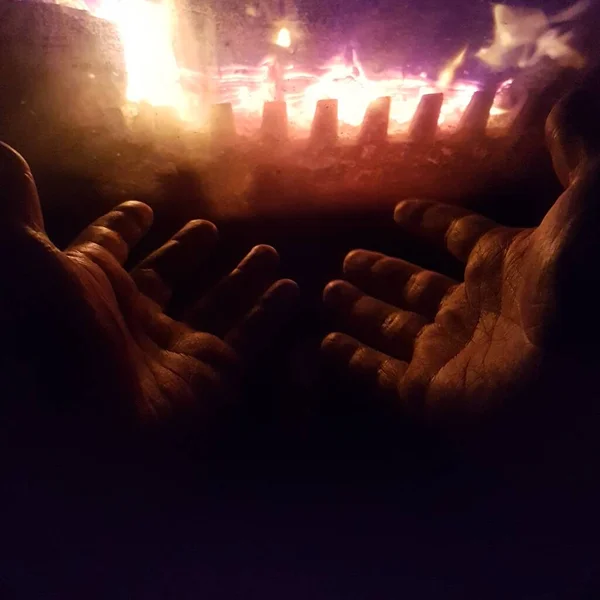 Hands Warming Fireplace — Stock Photo, Image