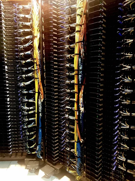 Patch panels racks. Ethernet structured cables. Data center. Supercomputing racks.