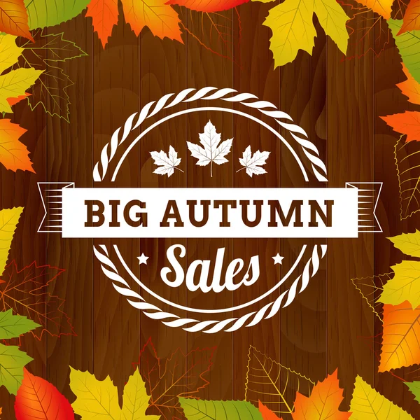 Big autumn sales vintage poster on wood background width leafs — Stock Vector