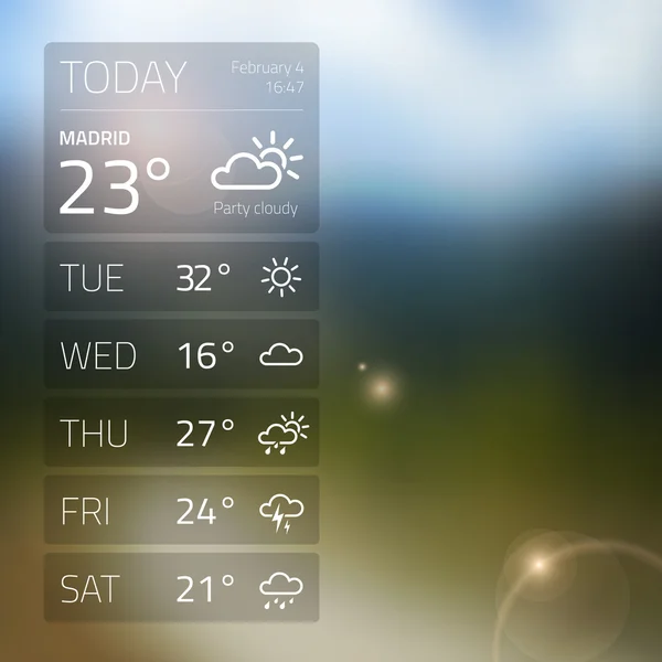 Πρότυπο widget καιρού σε φόντο blured — Διανυσματικό Αρχείο