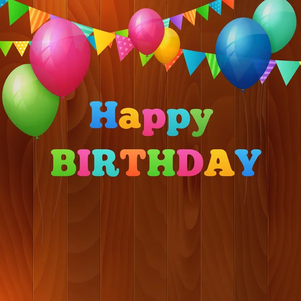 Tarjeta de felicitación feliz cumpleaños con globos sobre fondo de madera . — Archivo Imágenes Vectoriales