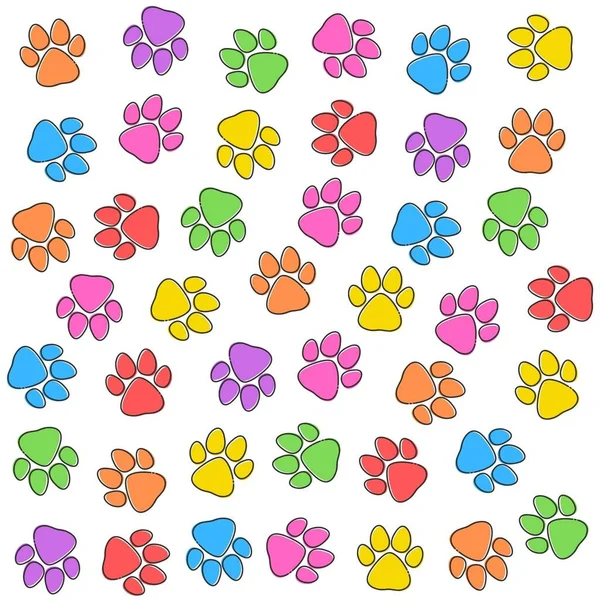 Seamless pattern of colorful animal paws on a white background