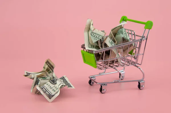 dollar bills in a supermarket trolley on a light background