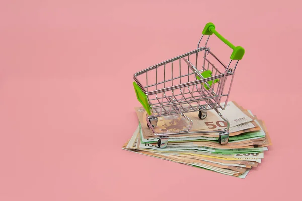 supermarket trolley on euro bills on a light background