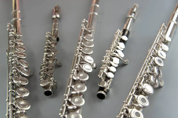 Flautas Grandes Pequenas Espalham Uma Superfície Cinza — Fotografia de Stock