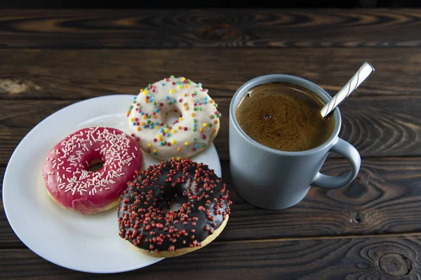 Coffee Donuts White Plate — Stock Photo, Image