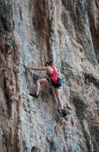 Woman climbing on the rock route summer (Railay Beach, Krabi pro — Stock Photo, Image