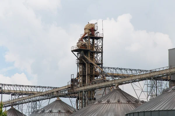 Réservoirs de stockage dans l'usine de riz, ligne de production de processus d'usine en t — Photo