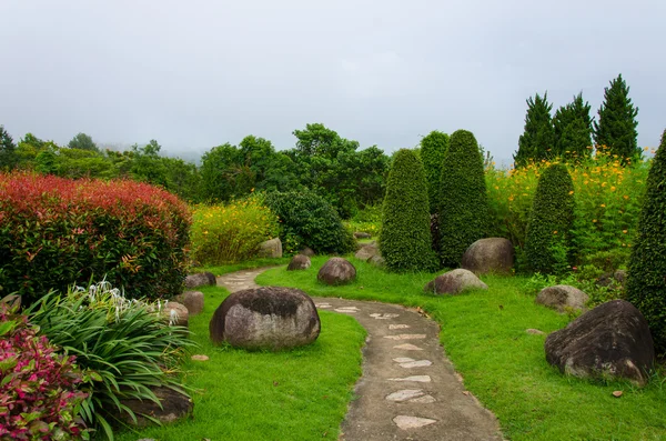 Pasarela sobre hierba verde en hermoso jardín de flores de colores — Foto de Stock