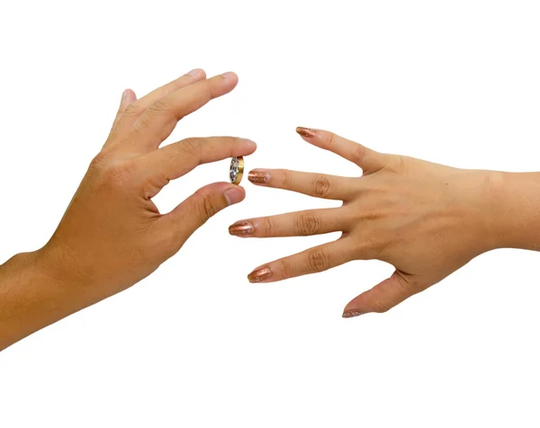 Man wears a gold ring to his future Wife — Stock Photo, Image