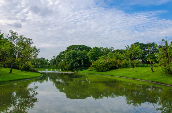 Paisagem de lago no parque de primavera — Fotografia de Stock