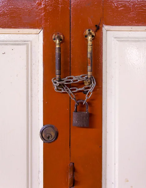 Master key on wood door and key knob — Stock Photo, Image