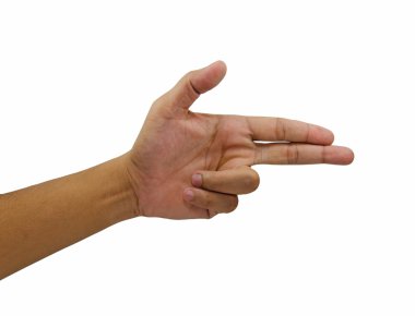 bir tabanca üzerinde beyaz bac izole jest işaret eden parmak işaret ver