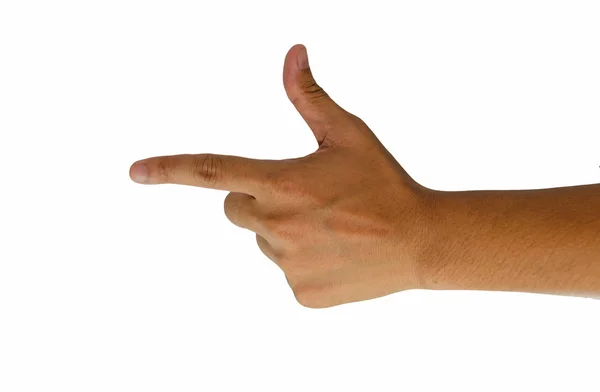 Pointing finger sign hand pistol gesture isolated over white bac — Stock Photo, Image