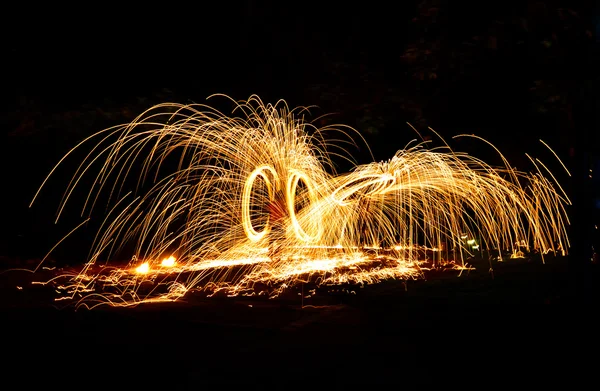 Fire dancing show amazing at night — Stock Photo, Image