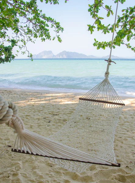 Straw hammock in shadow of tree on tropical beach — Stock Photo, Image
