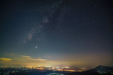 Panorama manzaralı Samanyolu galaksisinin gece gökyüzü arka planında yıldızlar ve Tayland şehir manzarası..
