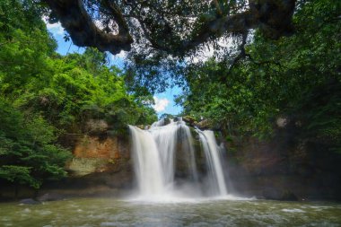 Ormanda güneş ışığıyla güzel bir şelale, Khao yai Nakhonratchasima vilayetinde Haew Suwat Şelalesi.