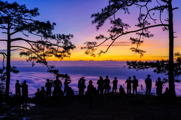 Bella Silhouette Escursionista Viaggiatore Godere Nebbia Alba Nok Aen Cliff — Foto Stock