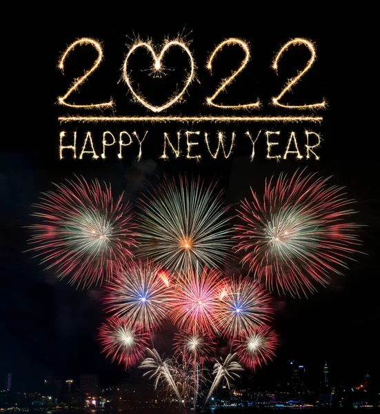 Happy New Year 2022 Text Hand Written Sparkles Fireworks Colorful — Fotografia de Stock