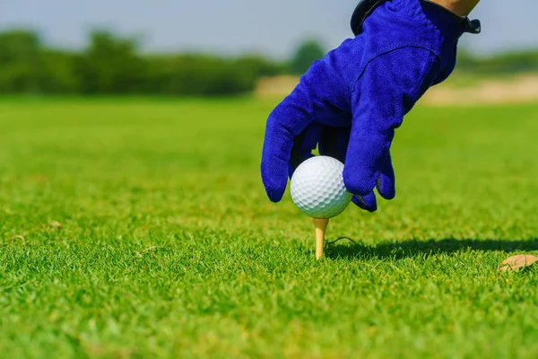 Hand Golfer Hold Golfový Míček Tee Připraven Střelbě Golfovém Hřišti — Stock fotografie