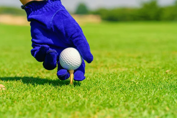 Hand Golfer Hold Golfový Míček Tee Připraven Střelbě Golfovém Hřišti — Stock fotografie