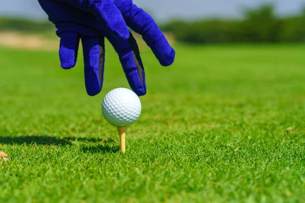 Mão Golfista Segurar Bola Golfe Com Pronto Para Ser Baleado — Fotografia de Stock