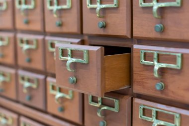 Wooden filing cabinet for document or cards and library accounting in past centuries.