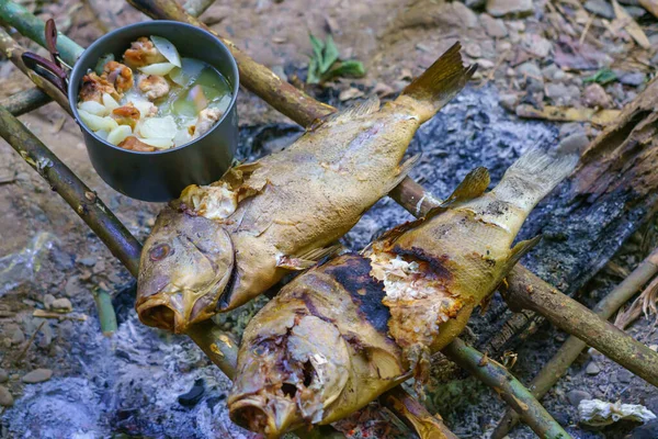 魚を焼くと森の中でキャンプファイヤーのスープと沸騰鍋 キャンプ生活 — ストック写真