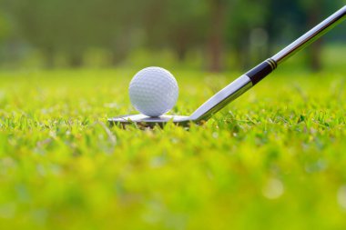 Golf topu yeşil çimlerde Golf sahasında vurmaya hazır.