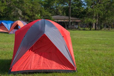 Kamptaki turizm çadırı Phu Kradueng Tayland 'daki çayırların arasında.