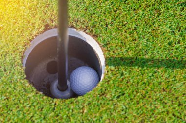 Golf topu golf sahasında bir fincan deliğinde..