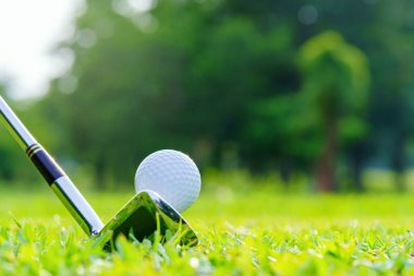 Golf topu yeşil çimlerde Golf sahasında vurmaya hazır.
