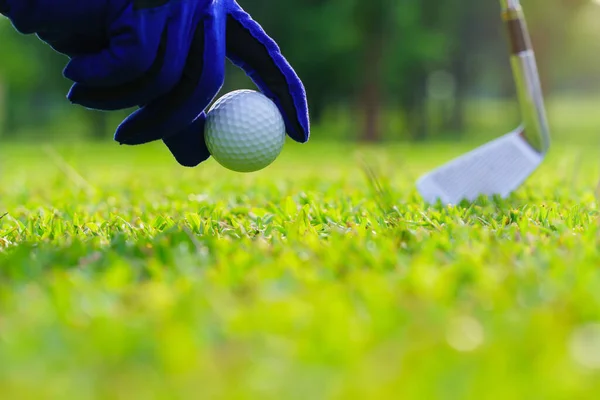 Mão Pegar Uma Bola Golfe Fairway Campo Golfe — Fotografia de Stock