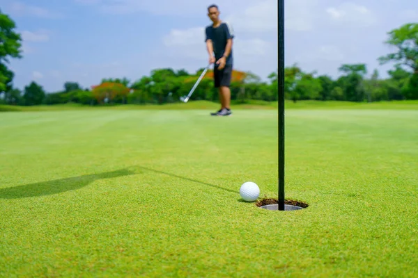 Golfozó Putt Golf Labdát Lyukba Zöld Golfpályán — Stock Fotó