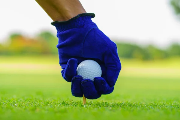Hand Golfer Hold Golfový Míček Tee Připraven Střelbě Golfovém Hřišti — Stock fotografie