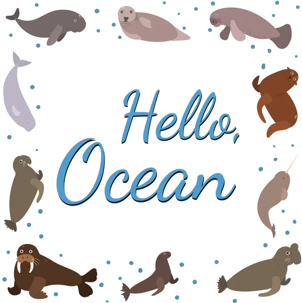 Plantilla de marco con animales marinos de dibujos animados. Fondo océano con silueta cuadrada. — Vector de stock