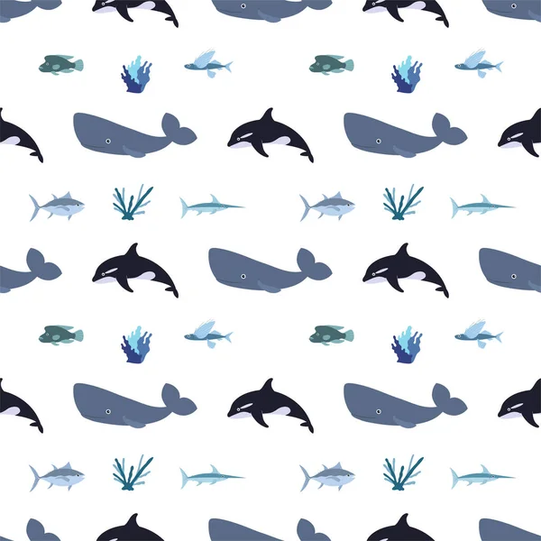 Havsdjur sömlöst mönster med späckhuggare, kaskelval, tonfisk och korall. Undervattensbor trycker. — Stock vektor