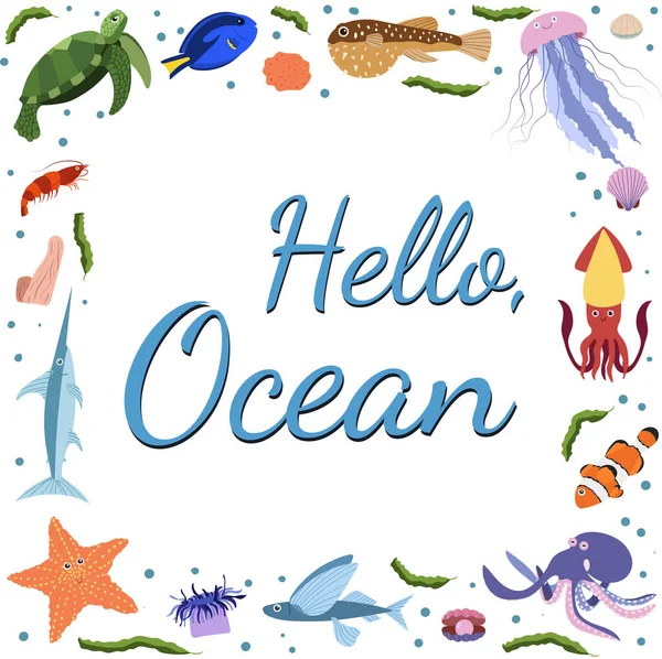 Plantilla de marco con animales marinos de dibujos animados. Fondo océano con silueta cuadrada. — Vector de stock