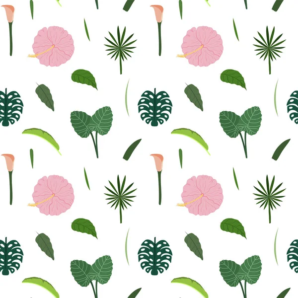 Тропічні листя і квіти безшовні візерунки. Ботанічна текстура з рожевим гібіскусом, каллою, листом Монстери . — стоковий вектор