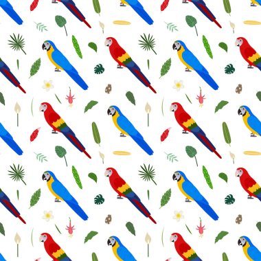 Papağanlar kırmızı ve mavi, tropikal yapraklar ve çiçeklerle kusursuz desen..