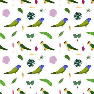 Papağan desenli kusursuz desen. Siyah başlı, tropik yapraklı ve çiçekli..